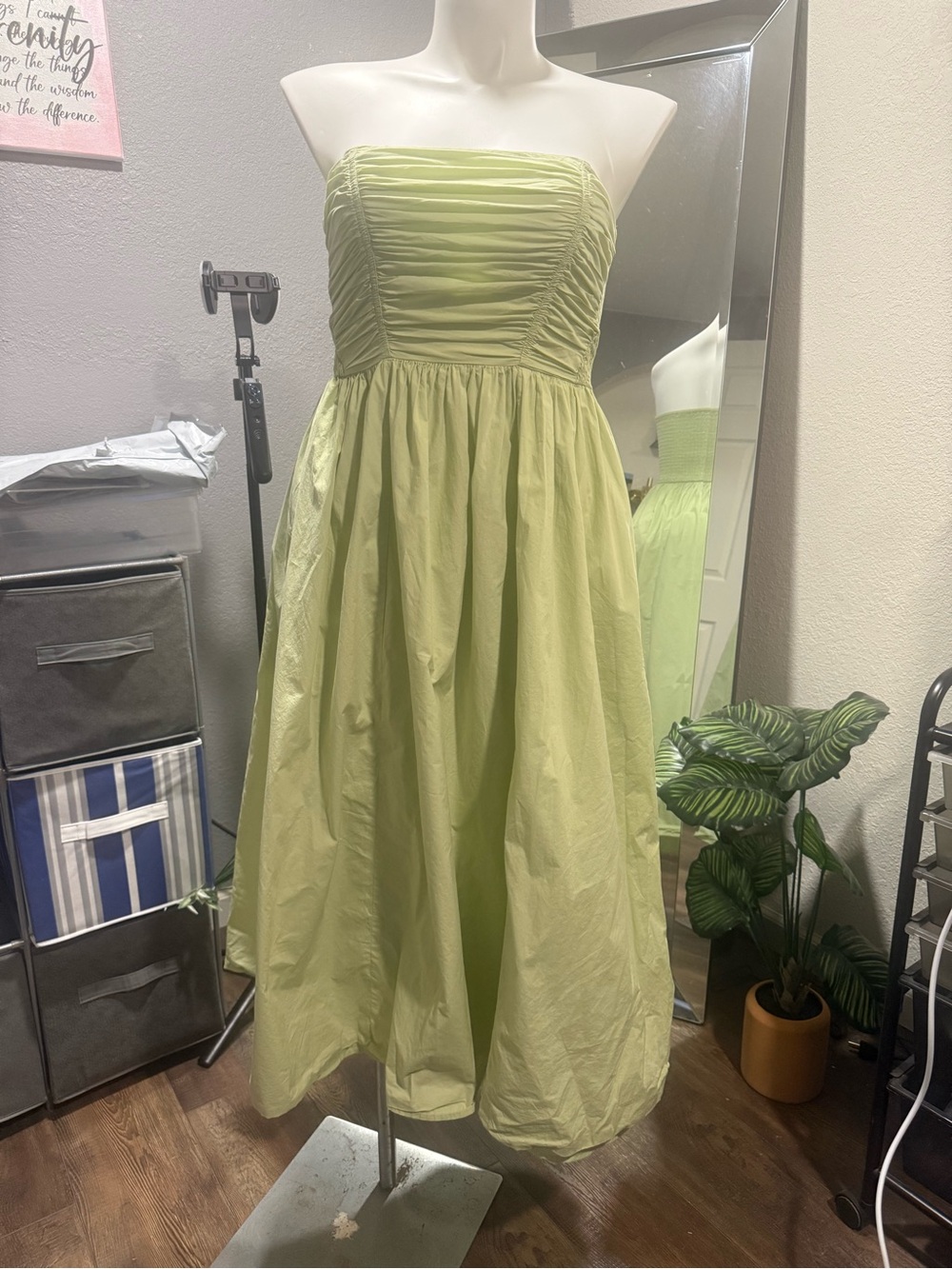 American Eagle Outfitters Strapless Light Green Ruched Bodice Dress